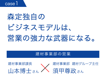 森定独自の
ビジネスモデルは、営業の強力な武器になる。建材事業部の営業　建材事業部課長山本博士さん　建材事業部  建材グループ主任須甲尊政さん